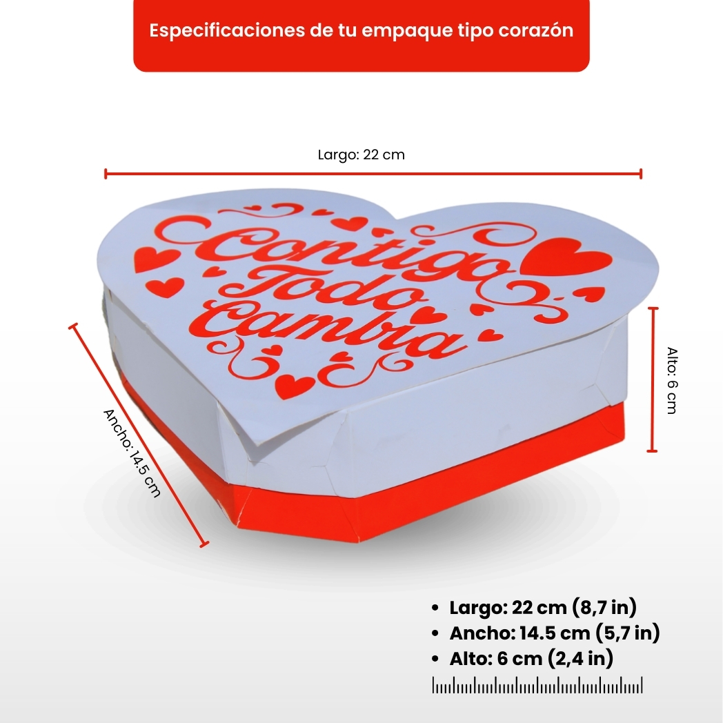 Medidas de la caja de San Valentín, diseñada para empaques de cartón ecológicos.