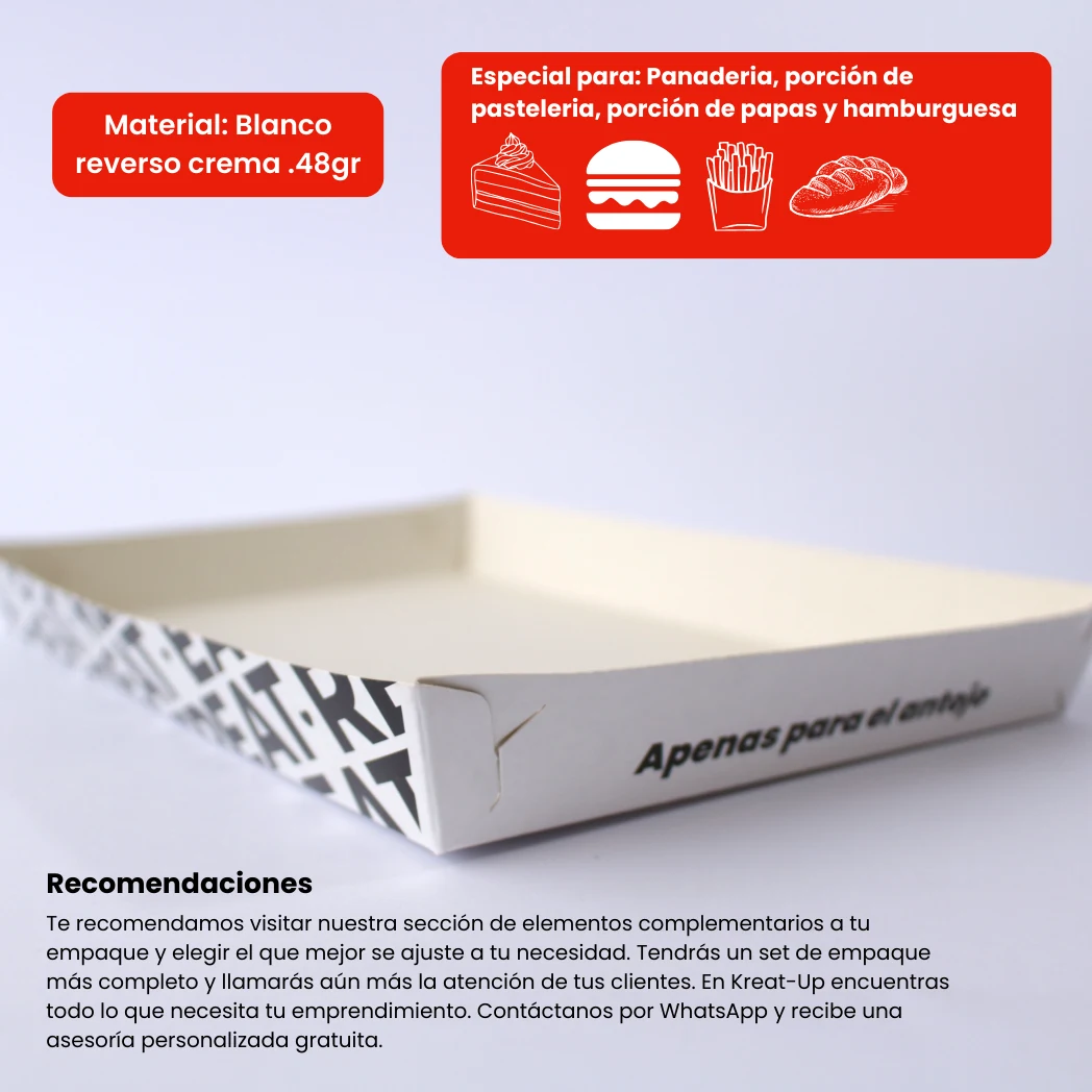 Bandeja pequeña de cartón blanco rectangular, personalizada en negro para alimentos, diseño por KreatUp, empaque x25 und.